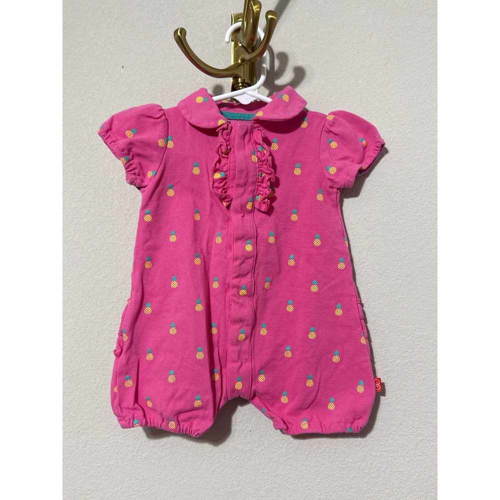 Magnetic Me Polo Romper Baby 3-6 Months Pink Pineapple Print Ruffle Preppy